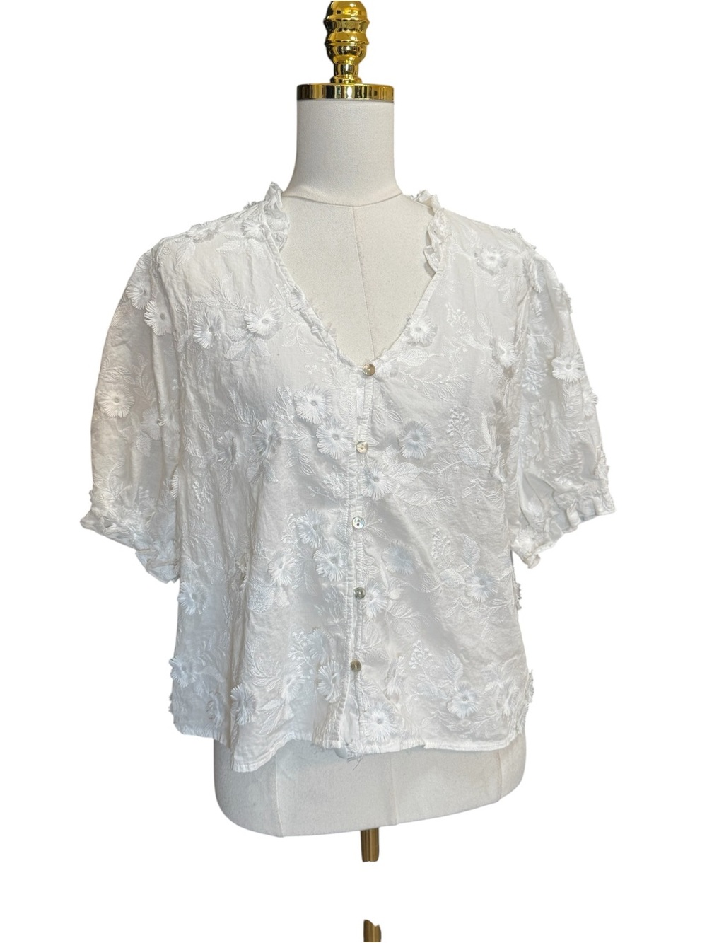 Nanette Lepore White Floral Embroidered Button Front Blouse Top XL